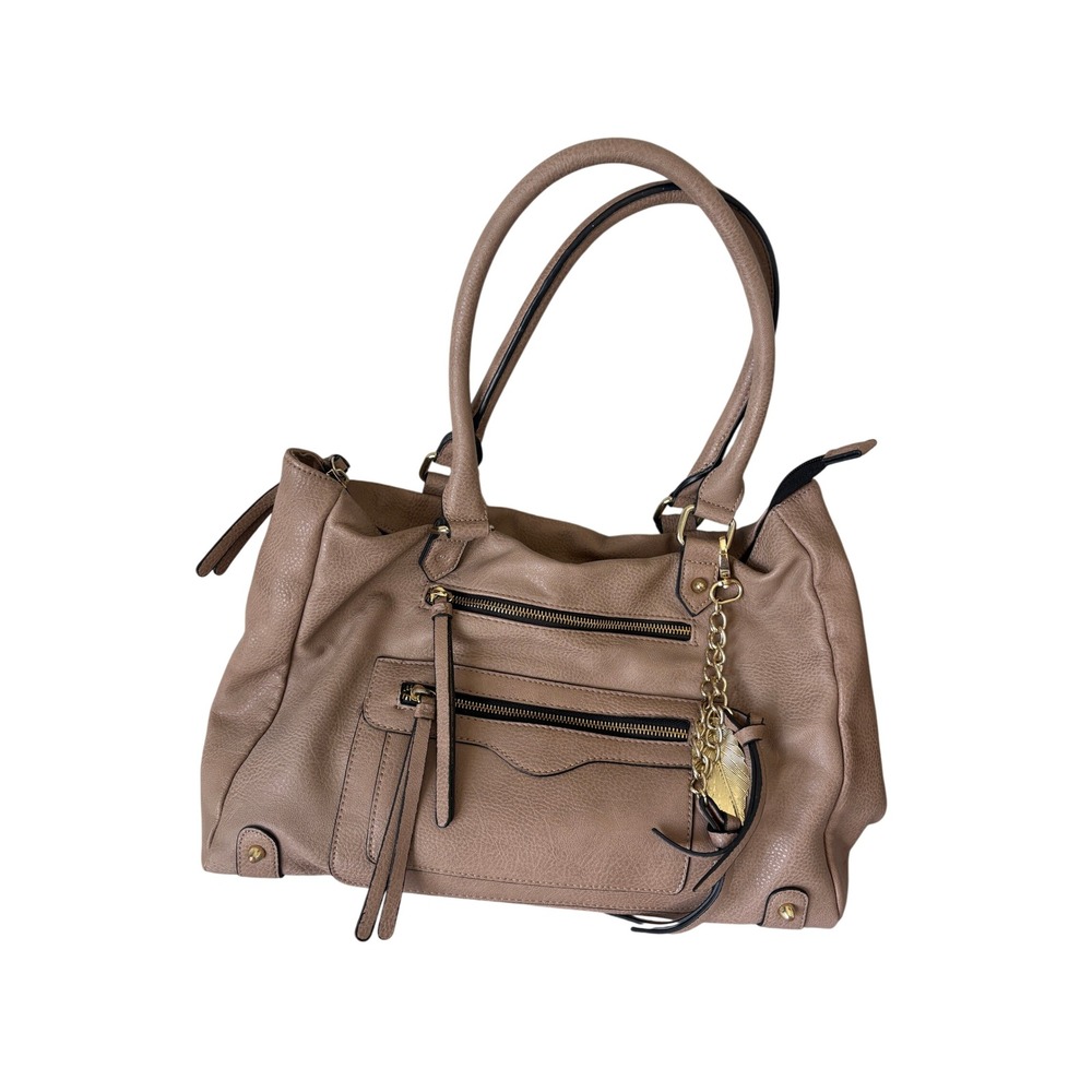 Apt. 9 Women Taupe Pebbled Faux Leather Shoulder Bag Tote Gold Leaf Charm Boho
